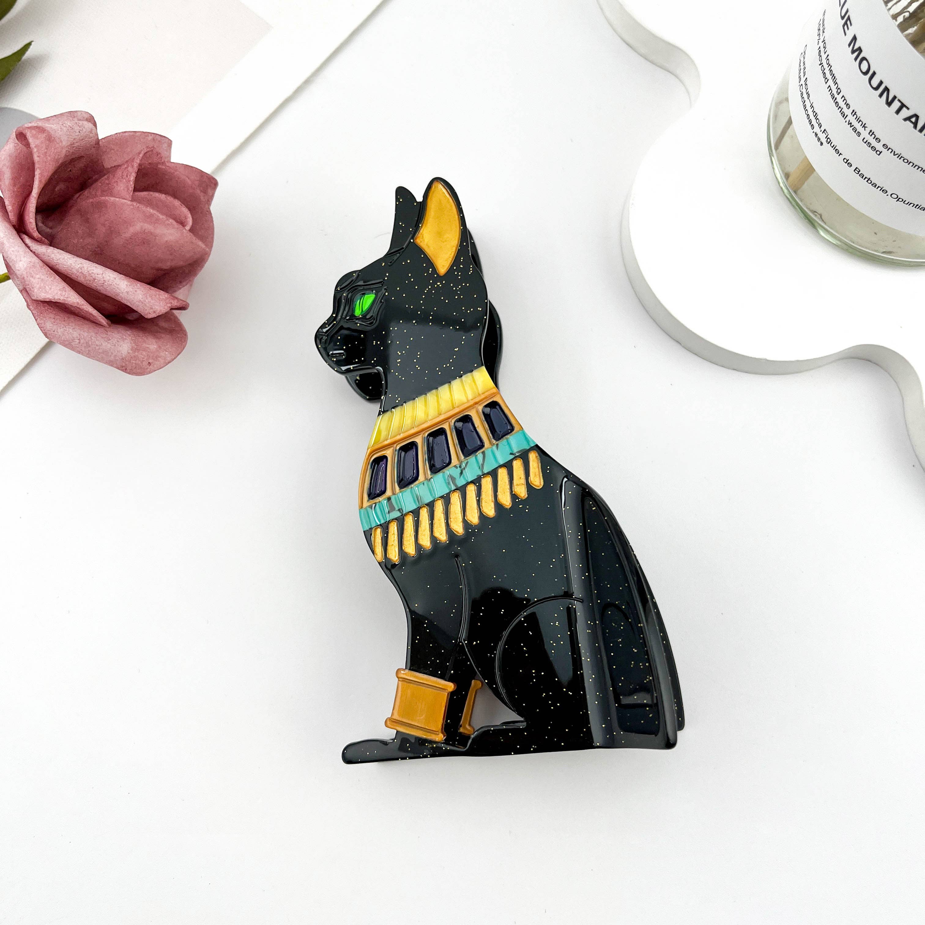 Sacred Pharaoh Cat Guardian Acetate Hair Claw Clip: Silver