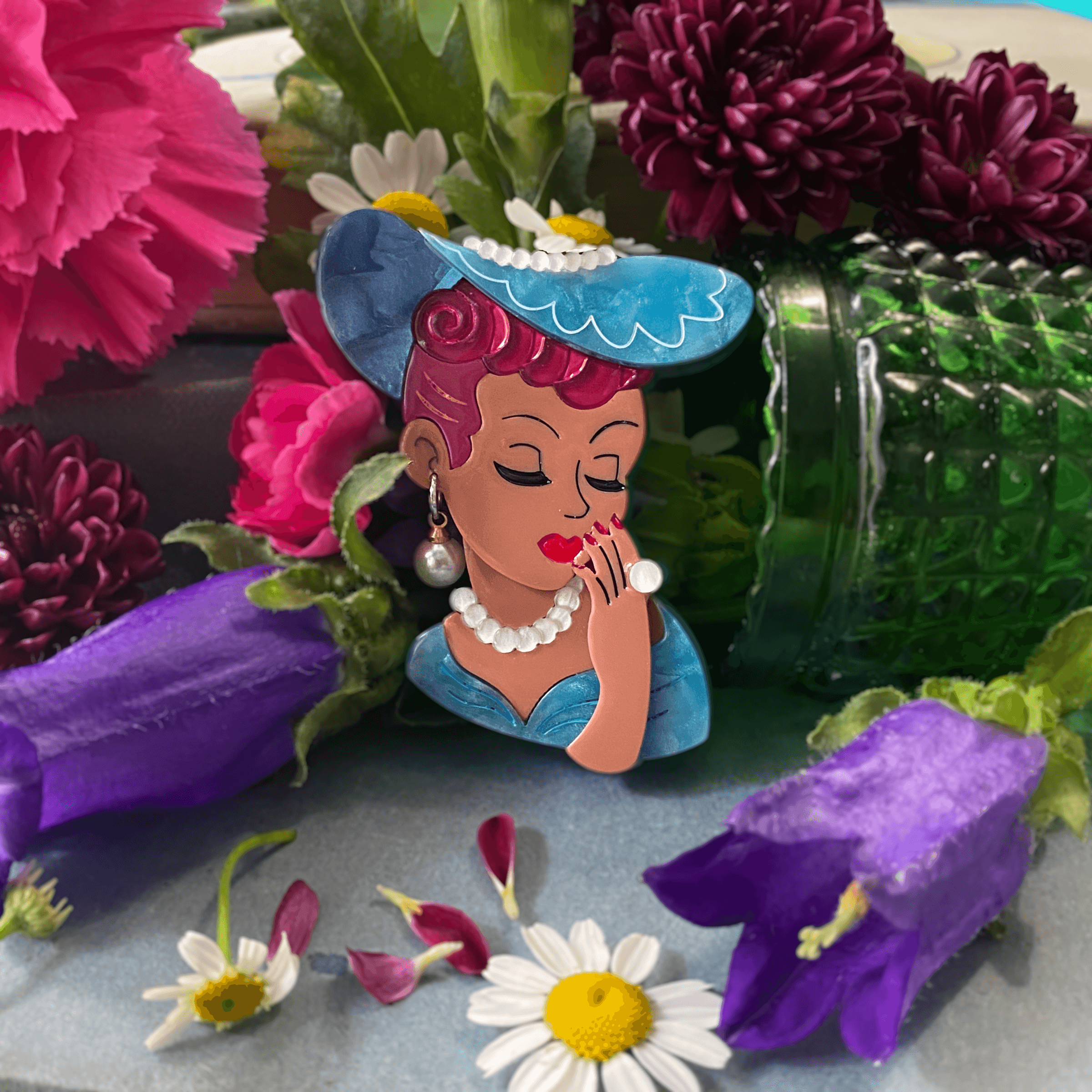 Vine and Dandy Lady Head Vase Inspired Brooch by Lipstick & Chrome - Sable