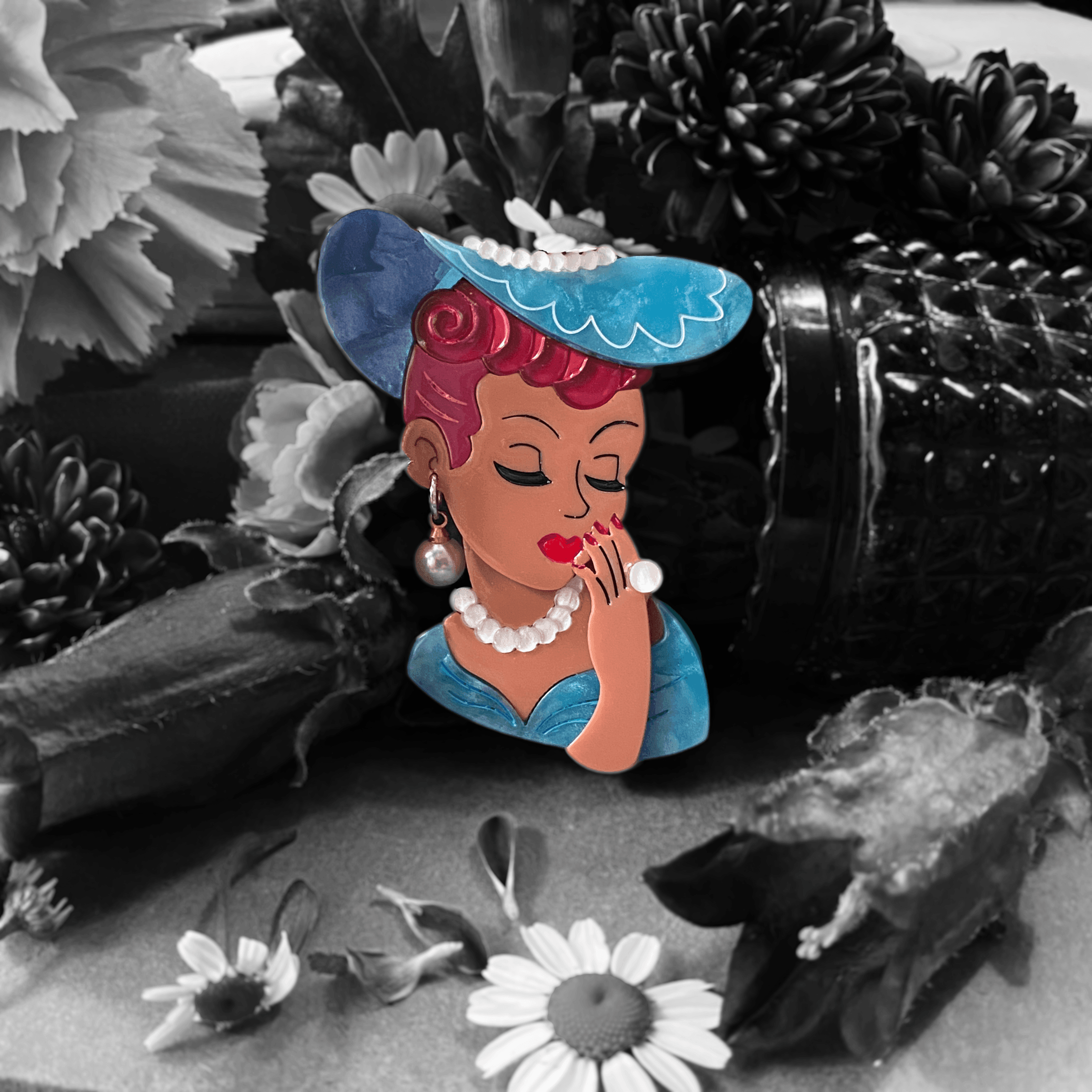 Vine and Dandy Lady Head Vase Inspired Brooch by Lipstick & Chrome - Sable