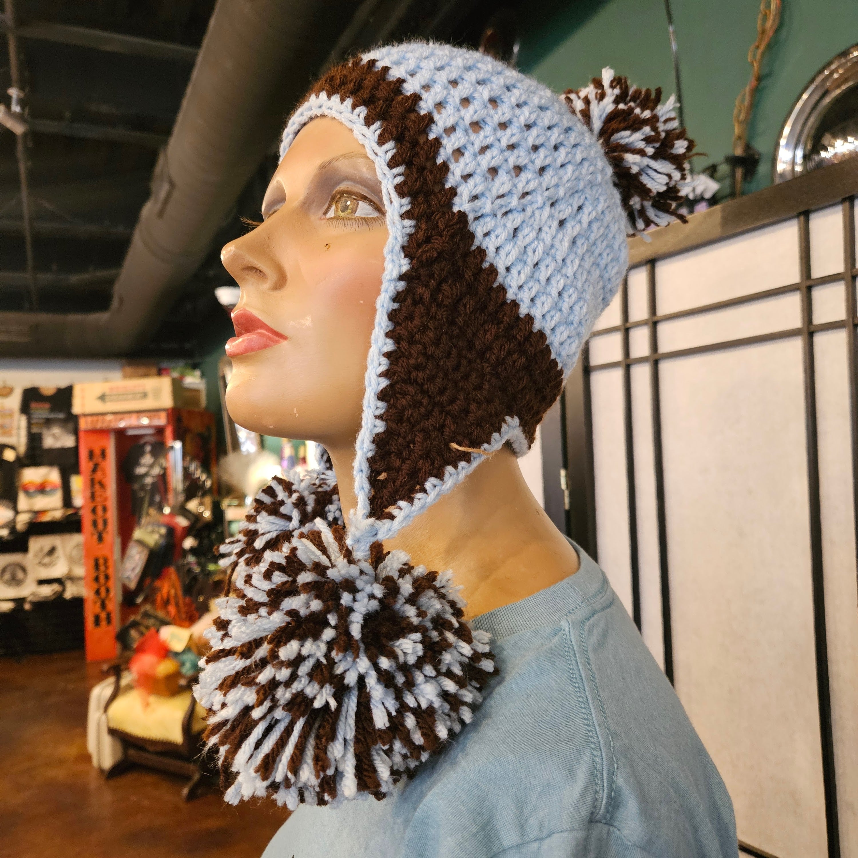 Peruvian Crocheted Hat w/Ear Flaps and Pom Poms